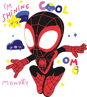Hình ảnh chibi Spider-Man Miles Morales với biểu cảm vui nhộn, các yếu tố trang trí như sao, mây, chữ.