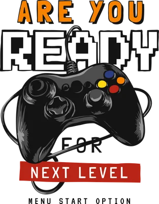 Hình minh họa tay cầm chơi game màu đen với dây cáp, nút màu sắc, và dòng chữ 'ARE YOU READY FOR NEXT LEVEL' phong cách pixel art trên nền xám.