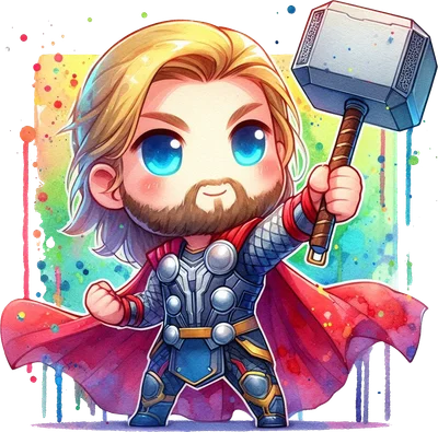 Hình ảnh Thor phiên bản chibi đáng yêu với búa Mjolnir, trang phục anh hùng, nền màu nước rực rỡ