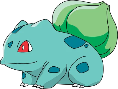 Hình ảnh Bulbasaur Pokémon màu xanh ngọc với củ hành xanh trên lưng, mắt đỏ, phong cách hoạt hình