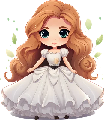 Hình minh họa cô gái chibi dễ thương với mái tóc nâu dài bồng bềnh, mặc váy trắng xòe, đôi mắt to tròn và nụ cười nhẹ nhàng.