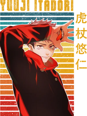 Hình ảnh Yuji Itadori từ anime Jujutsu Kaisen, mặc áo khoác đỏ đen, với biểu cảm bí ẩn.