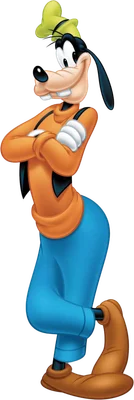 Hình ảnh chú chó Goofy của Disney đứng khoanh tay, mỉm cười thân thiện, mặc áo cam, quần xanh và đội mũ xanh lá.