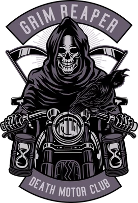 Hình minh họa Grim Reaper mặc áo choàng lái xe mô tô cùng quạ đen và đồng hồ cát, phong cách biker hầm hố