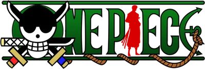 Logo One Piece với hình ảnh Zoro, thanh kiếm và biểu tượng cướp biển, màu xanh lá và đỏ nổi bật.