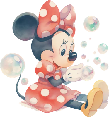 Hình ảnh Minnie Mouse hoạt hình dễ thương ngồi thổi bong bóng xà phòng nhiều màu sắc, phong cách màu nước.
