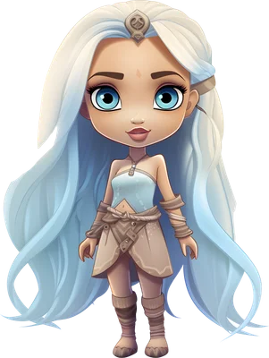 Hình ảnh cô gái chibi tóc dài màu bạch kim, mắt xanh biếc to tròn, mặc trang phục thổ dân màu be, đứng trên nền xám.