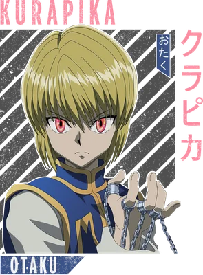 Hình ảnh nhân vật anime Kurapika với mái tóc vàng, mắt đỏ và bộ trang phục xanh, cầm sợi xích.