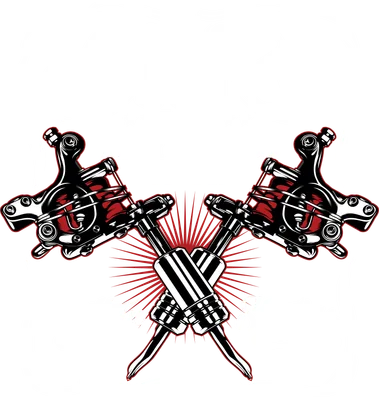 Hình ảnh minh họa máy xăm chéo nhau với dòng chữ 'Scars are tattoos with better stories' và các họa tiết trang trí.