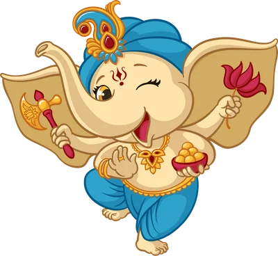 Hình ảnh hoạt hình Thần Ganesha với khuôn mặt vui vẻ, một mắt nháy, tay cầm rìu và hoa sen, tay kia bưng bát bánh.