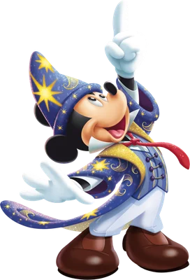 Hình ảnh chuột Mickey trong trang phục phù thủy màu xanh với mũ sao và trăng, đang giơ tay chỉ lên trời.