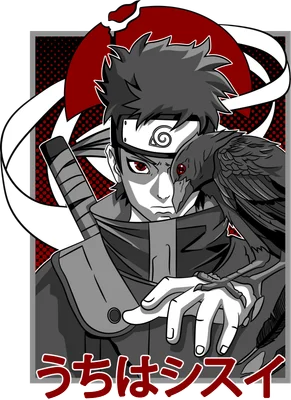 Hình ảnh Shisui Uchiha với quạ đen trên vai, phong cách anime, có chữ Nhật.