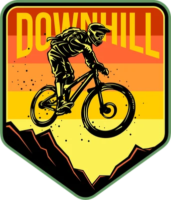 Hình minh họa tay đua xe đạp đổ đèo trên núi, nền hoàng hôn sọc và chữ DOWNHILL.