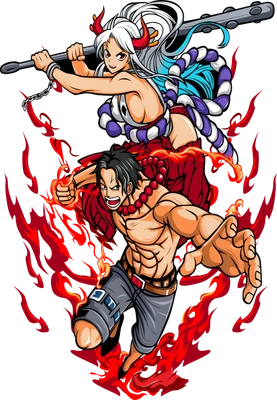 Hình ảnh Yamato và Ace từ One Piece với hiệu ứng lửa bao quanh, thể hiện sự mạnh mẽ.