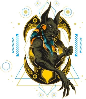 Hình ảnh thần Anubis Ai Cập với đầu chó rừng, trang phục vàng và xanh, trên nền họa tiết hình học