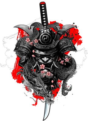 Hình ảnh minh họa rồng Nhật Bản quấn quanh giáp Samurai, có hoa anh đào và kiếm.