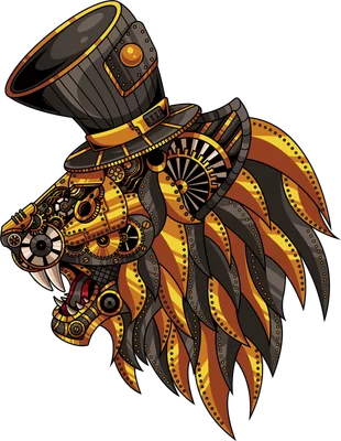 Hình minh họa đầu sư tử phong cách Steampunk với các chi tiết bánh răng cơ khí và mũ quý tộc màu vàng đen
