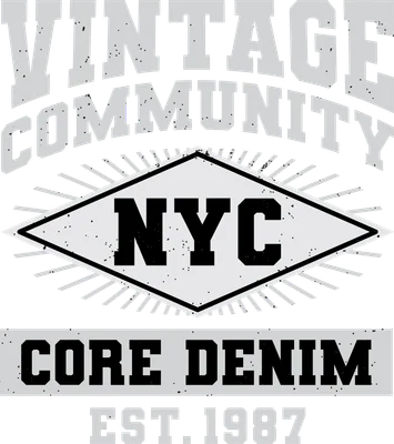 Logo vintage NYC Core Denim với kiểu retro, huy hiệu hình thoi trung tâm, nền xám và trắng, phong cách năm 1987