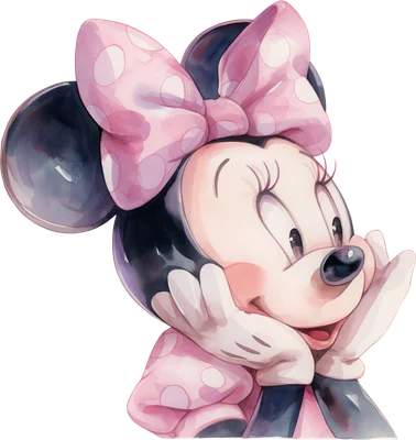 Hình ảnh Minnie Mouse hoạt hình dễ thương với nơ hồng chấm bi, phong cách vẽ màu nước, đang tựa cằm lên tay.