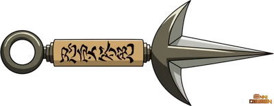 Hình ảnh phi tiêu Rasengan từ Naruto với chữ viết Nhật Bản trên cán, nền xám.