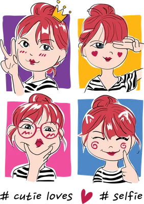 Bốn bức tranh vẽ chibi cô gái tóc đỏ với các biểu cảm và tư thế selfie khác nhau, có chữ '# cutie loves # selfie'.