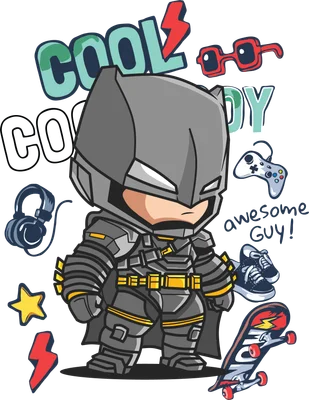 Hình ảnh Batman chibi mặc giáp xám, có chữ "COOL GUY" và các vật dụng như kính râm, tai nghe, giày sneaker, ván trượt.