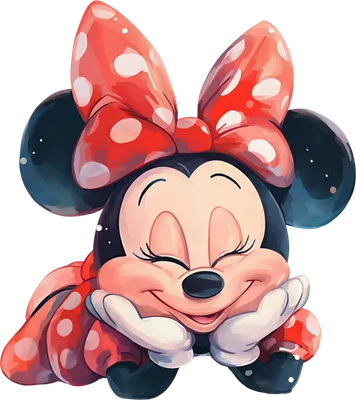Hình ảnh Minnie Mouse hoạt hình đáng yêu với nơ đỏ chấm bi, đang cười tươi và nhắm mắt, tựa cằm lên tay.