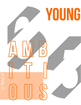 Hình in typography với chữ 'YOUNG AND AMBITIOUS' màu cam, số '65' và '19' trắng trên nền xám, kết hợp họa tiết sọc đen trắng.