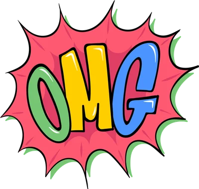 Biểu tượng "OMG" với chữ cái màu xanh lá, vàng, xanh dương trên nền bong bóng thoại màu hồng và viền xanh lá.