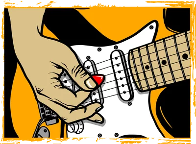 Hình ảnh minh họa tay người đang chơi đàn guitar điện, sử dụng pick màu đỏ.
