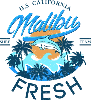 Hình in vector cá heo nhảy trên sóng biển với hàng dừa và chữ Malibu phong cách retro