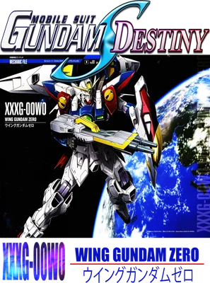 Hình ảnh robot Gundam Wing Zero với tên Mobile Suit Gundam Destiny, trên nền vũ trụ.
