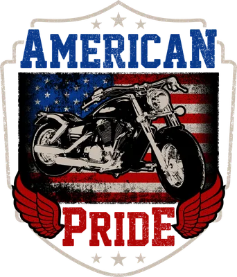 Hình ảnh xe máy cổ điển Mỹ với lá cờ Hoa Kỳ và đôi cánh, chữ 'American Pride'.
