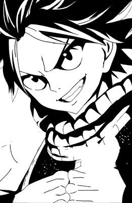 Hình vẽ Natsu Dragneel từ Fairy Tail, cận mặt, cười nham hiểm, phong cách đen trắng.