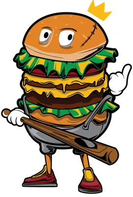 Hình ảnh minh họa một chiếc burger đội vương miện, cầm gậy đánh bóng, với biểu cảm ngầu.