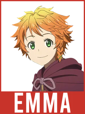 Hình ảnh cô bé Emma tóc vàng mắt xanh lá, mặc áo choàng tím, phong cách anime