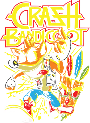 Hình ảnh hoạt hình Crash Bandicoot và mặt nạ Aku Aku với biểu cảm vui nhộn, màu sắc sặc sỡ.
