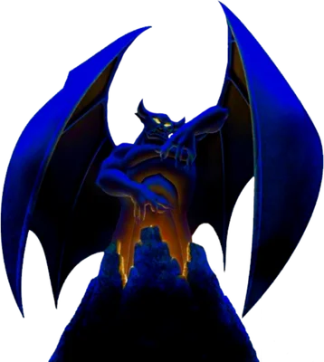 Hình ảnh quỷ gargoyle cánh dơi màu xanh đen với mắt vàng rực, đứng trên núi lửa đang phun trào, phong cách hoạt hình.