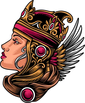 Hình minh họa nữ chiến binh Valkyrie đội mũ giáp vàng hồng có cánh, nhìn nghiêng bên trái, phong cách vector chi tiết.
