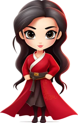Hình vẽ chibi Mulan với mái tóc đen dài, đôi mắt to tròn, mặc áo choàng đỏ và thắt lưng đen, đứng trên nền xám.