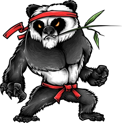 Hình minh họa gấu trúc võ sĩ ninja cơ bắp ngậm cành trúc, phong cách hoạt hình mạnh mẽ