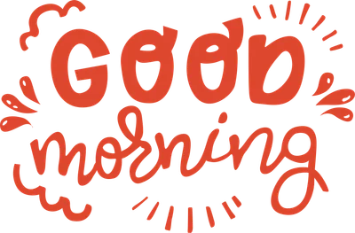 Chữ "Good morning" viết tay màu cam trên nền xám, có họa tiết trang trí đơn giản