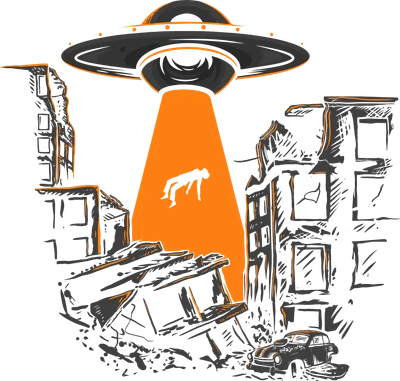 Hình vẽ phác thảo đĩa bay UFO đang chiếu tia sáng bắt cóc người giữa thành phố đổ nát