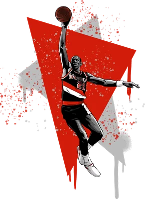 Hình vẽ vận động viên bóng rổ Michael Jordan đang bật nhảy với bóng, trên nền hình học đỏ và xám.
