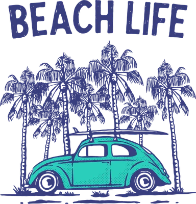 Hình vẽ xe cổ màu xanh ngọc chở ván lướt sóng, có hàng dừa và chữ "BEACH LIFE" phía trên.