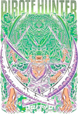 Hình ảnh Roronoa Zoro từ One Piece, cầm ba thanh kiếm, với họa tiết rồng xanh lá cây phía sau.