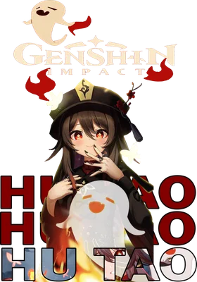 Hình ảnh Hu Tao, nhân vật game Genshin Impact, với hồn ma và logo game.
