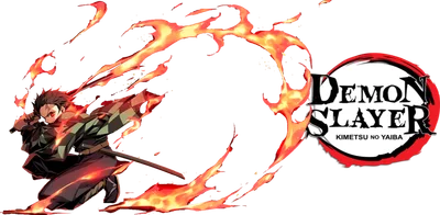 Nhân vật Tanjiro Kamado từ Demon Slayer với kiếm và hiệu ứng lửa, cùng logo Demon Slayer.