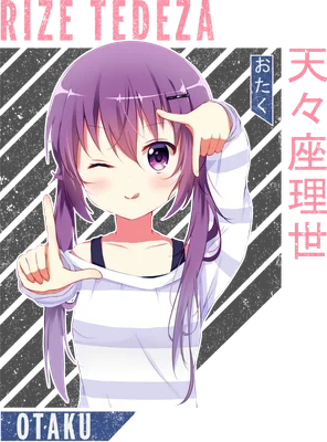Hình ảnh cô gái anime tóc tím dễ thương, đang nháy mắt và tạo dáng bằng tay, mặc áo sọc trắng.