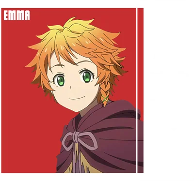 Hình ảnh nhân vật anime Emma với mái tóc vàng rối, mắt xanh lá và nụ cười tươi, mặc áo choàng tím.